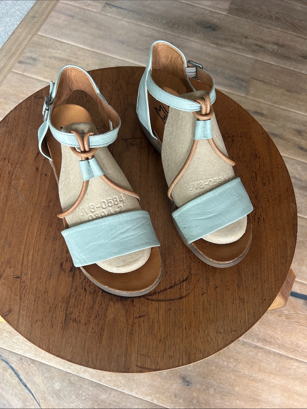 Miz Mooz Pale Blue and Tan Leather T-Strap Sandals